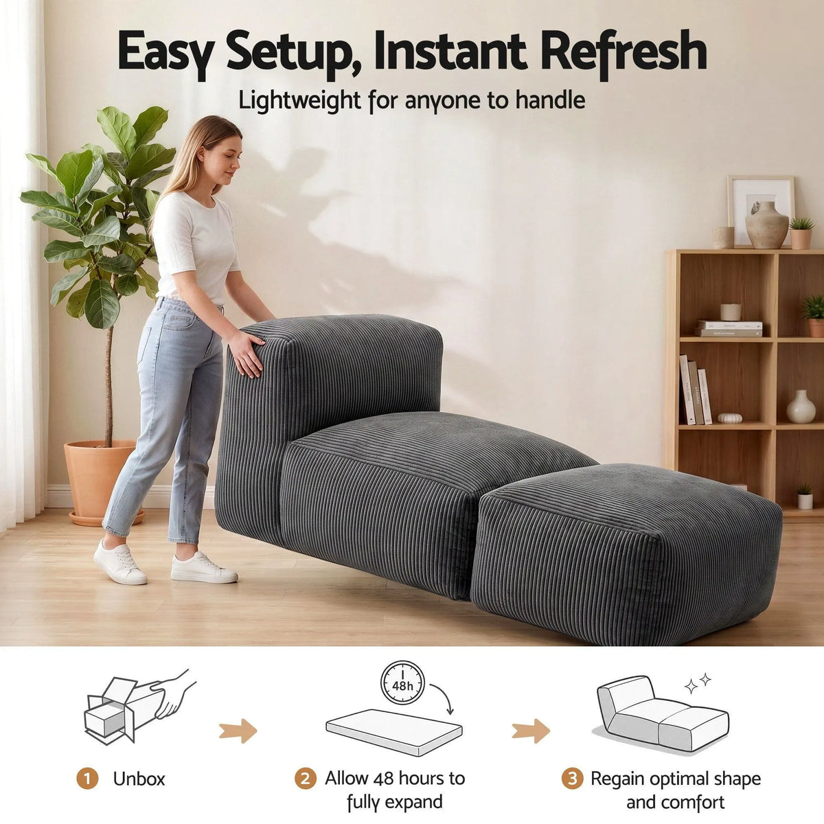 Artiss Foldable Bean Bag Sofa Bed Cloud Couch Boneless Floor Lounger Chair Grey - Image 8