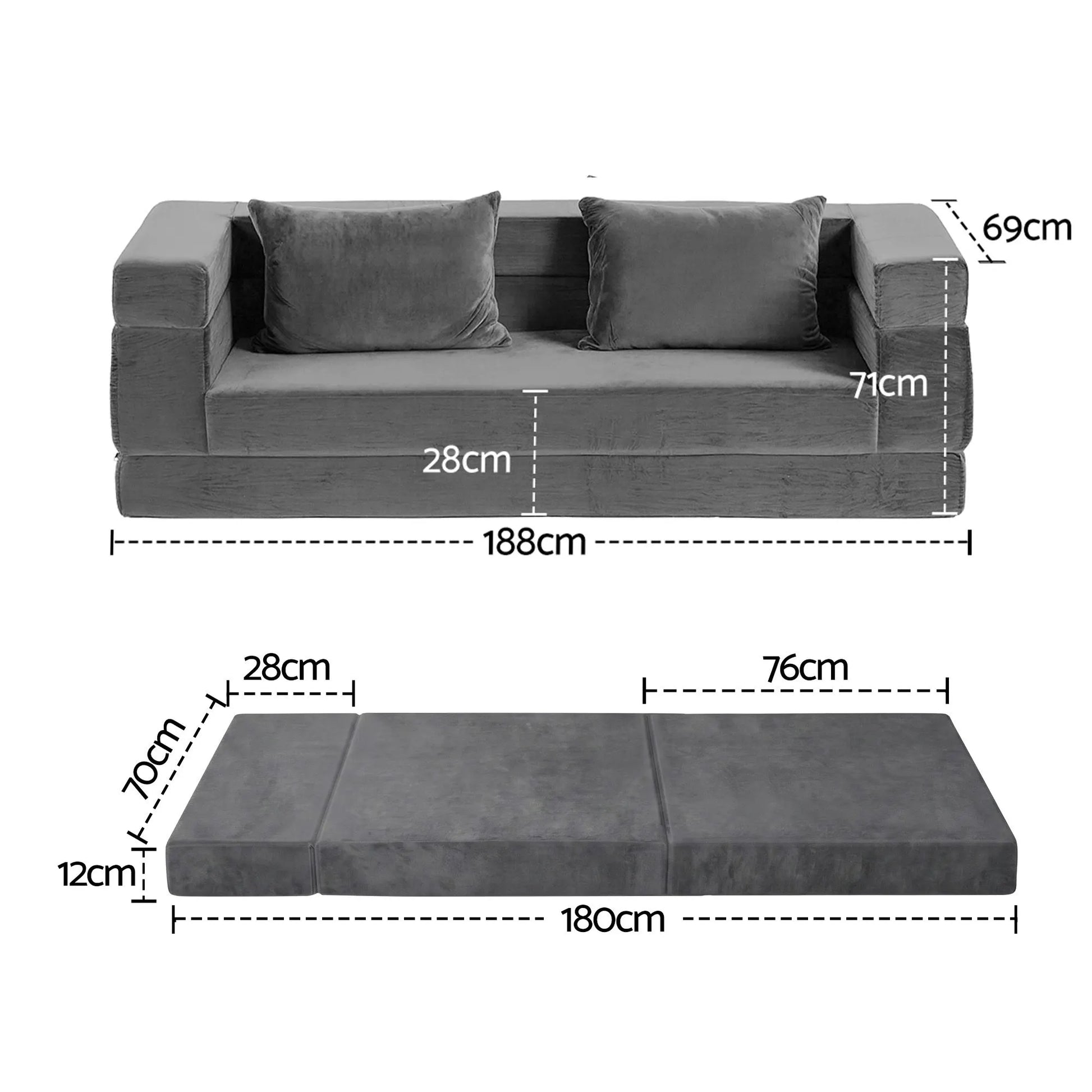 Artiss 3-in-1 Convertible Sofa Bed with Folding Mattress Velvet Foam Chair 300KG  - Image 2