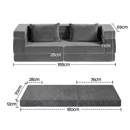 Artiss 3-in-1 Convertible Sofa Bed with Folding Mattress Velvet Foam Chair 300KG  - Image 2