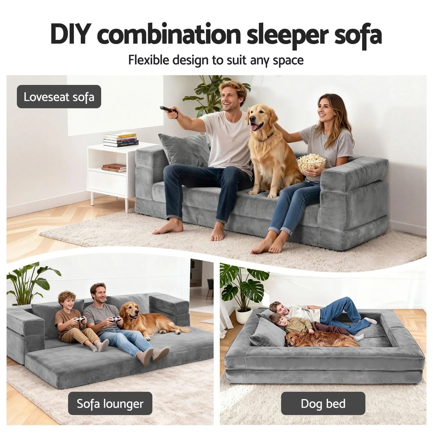 Artiss 3-in-1 Convertible Sofa Bed with Folding Mattress Velvet Foam Chair 300KG  - Image 3
