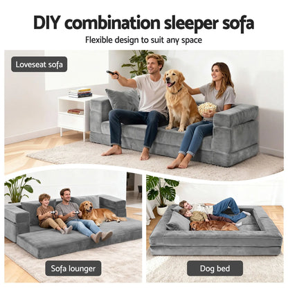Artiss 3-in-1 Convertible Sofa Bed with Folding Mattress Velvet Foam Chair 300KG  - Image 3