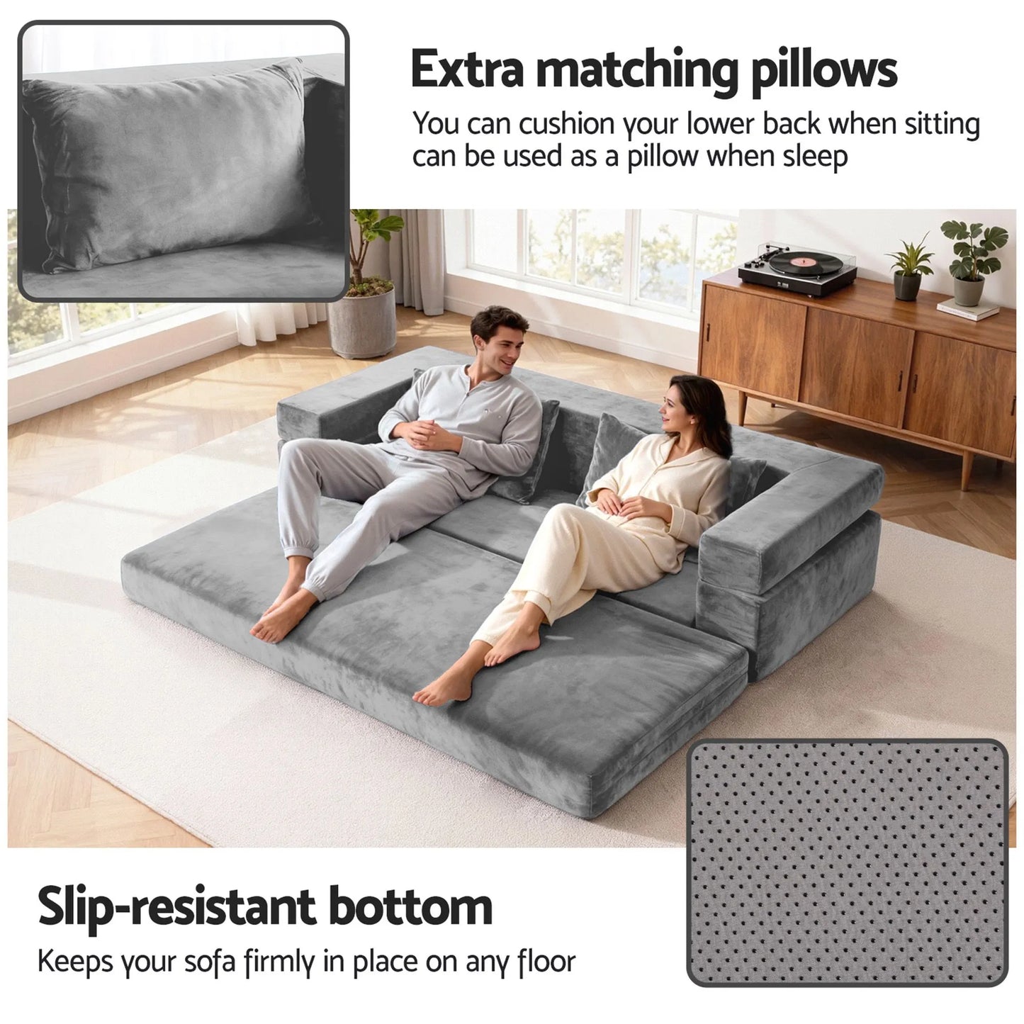 Artiss 3-in-1 Convertible Sofa Bed with Folding Mattress Velvet Foam Chair 300KG  - Image 5