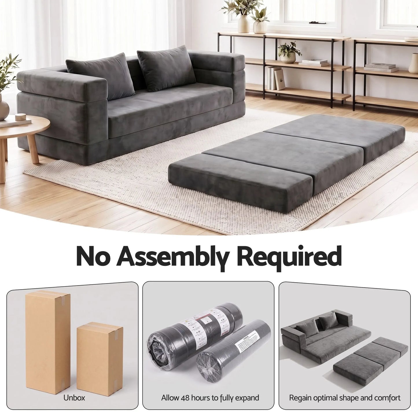 Artiss 3-in-1 Convertible Sofa Bed with Folding Mattress Velvet Foam Chair 300KG  - Image 8