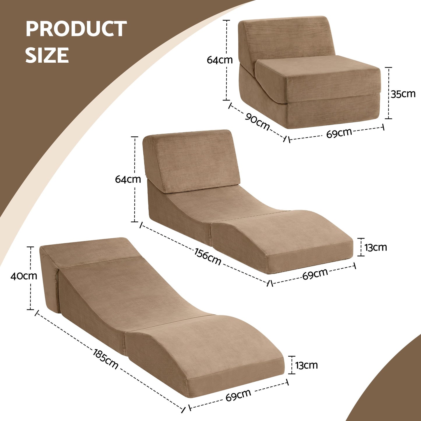 Artiss Folding Sofa Bed Convertible Armless Foam Floor Futon Lounger Couch Brown - Image 3