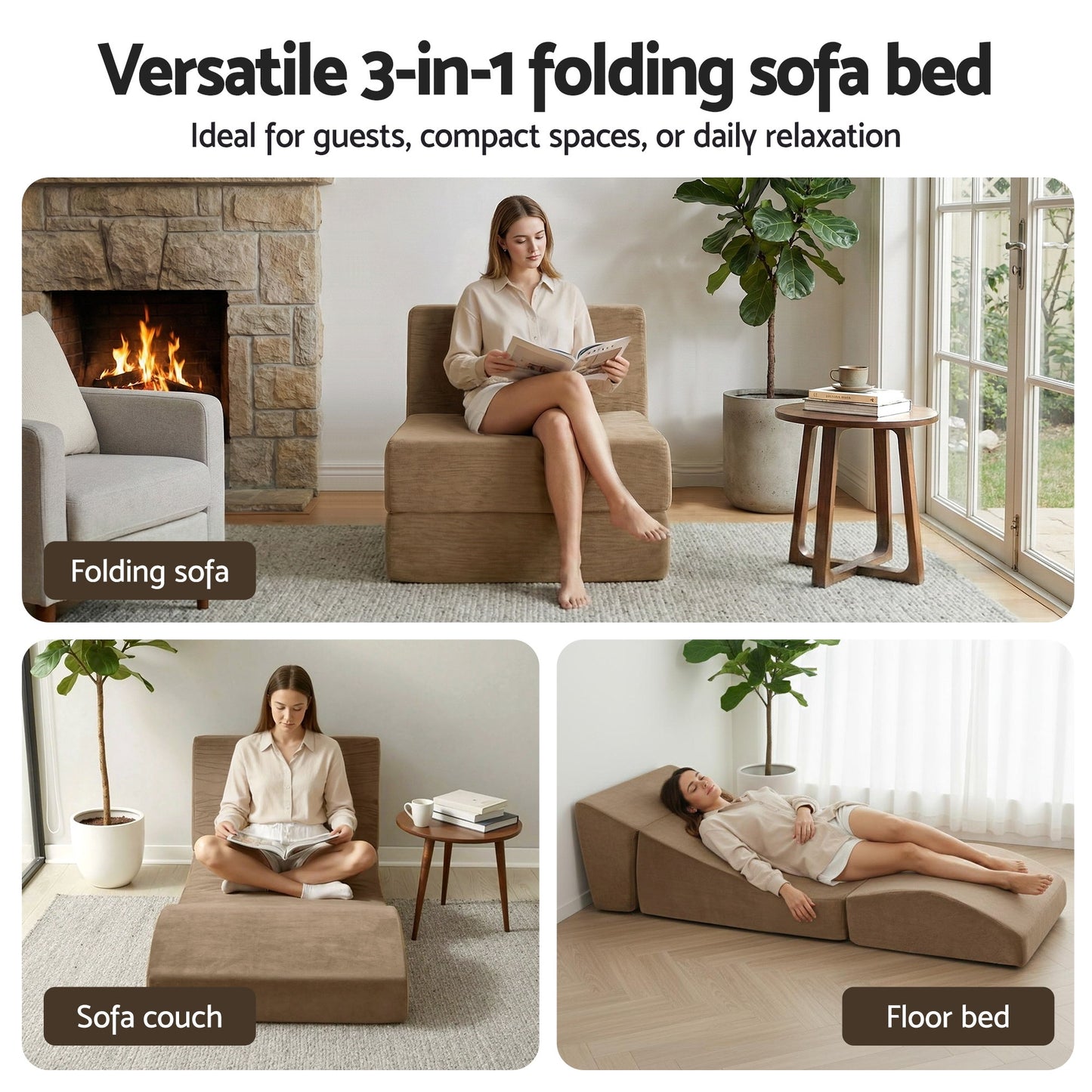 Artiss Folding Sofa Bed Convertible Armless Foam Floor Futon Lounger Couch Brown - Image 5