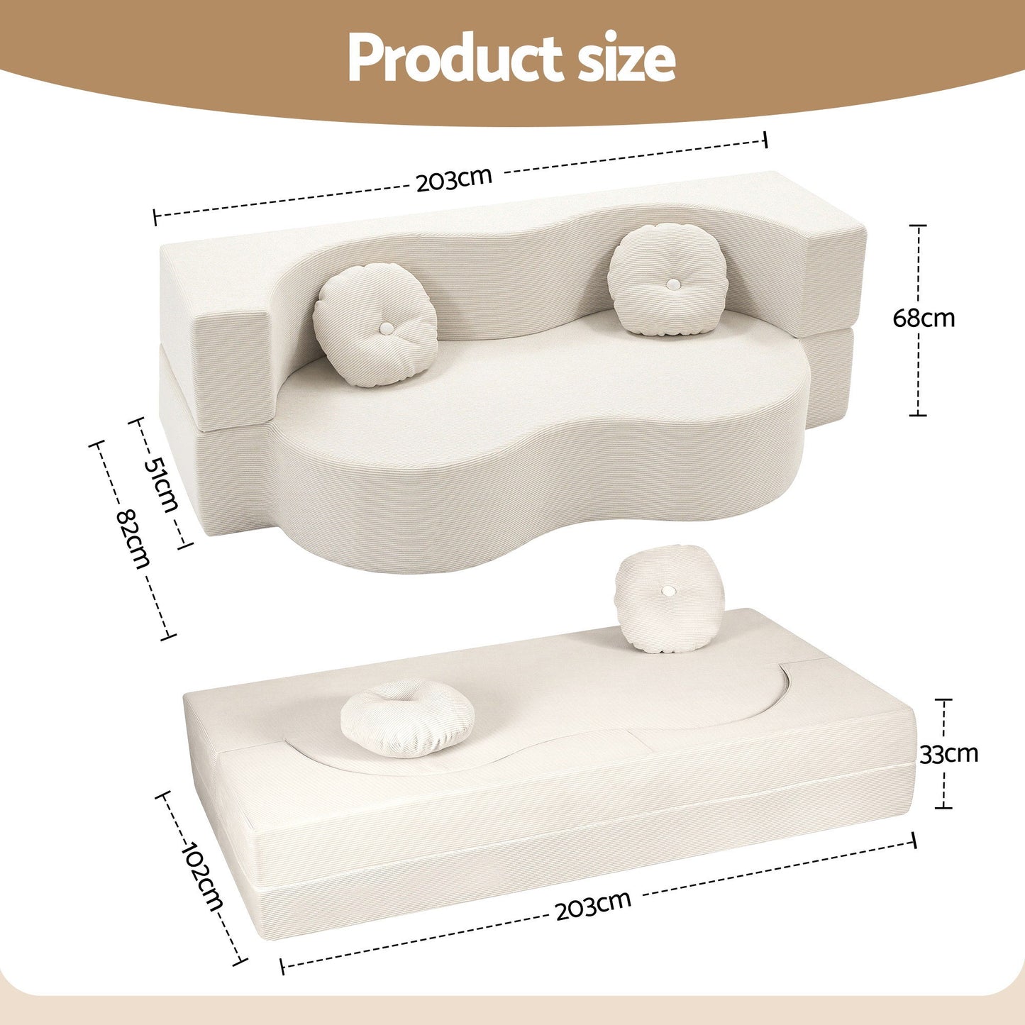 Artiss Folding Sofa Bed Floor Couch 2-in-1 Convertible Futon Loveseat Beige - Image 3