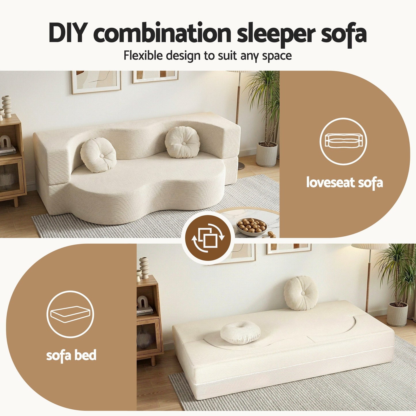 Artiss Folding Sofa Bed Floor Couch 2-in-1 Convertible Futon Loveseat Beige - Image 5