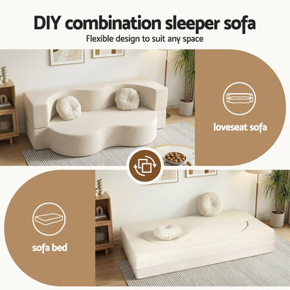 Artiss Folding Sofa Bed Floor Couch 2-in-1 Convertible Futon Loveseat Beige - Image 5