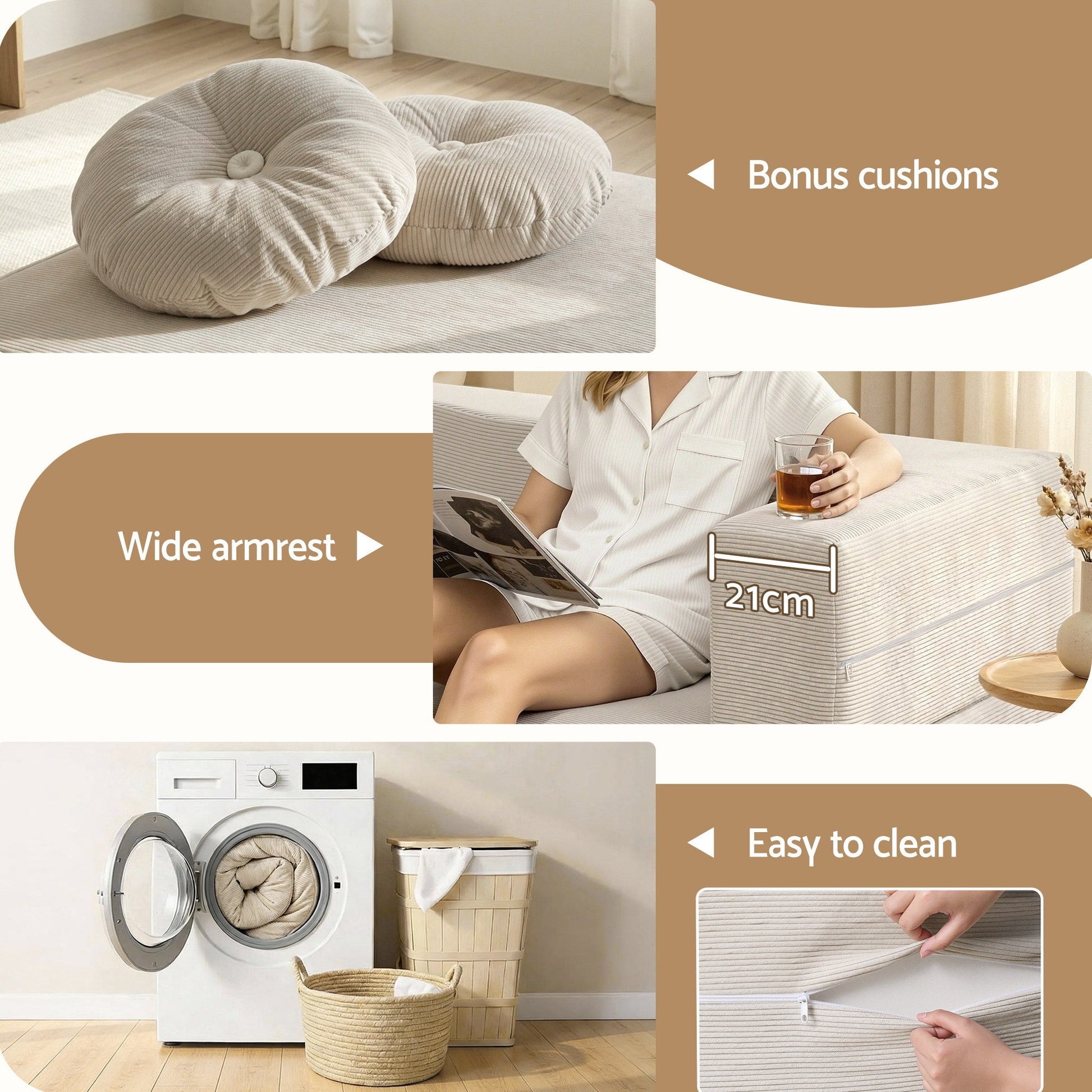 Artiss Folding Sofa Bed Floor Couch 2-in-1 Convertible Futon Loveseat Beige - Image 9