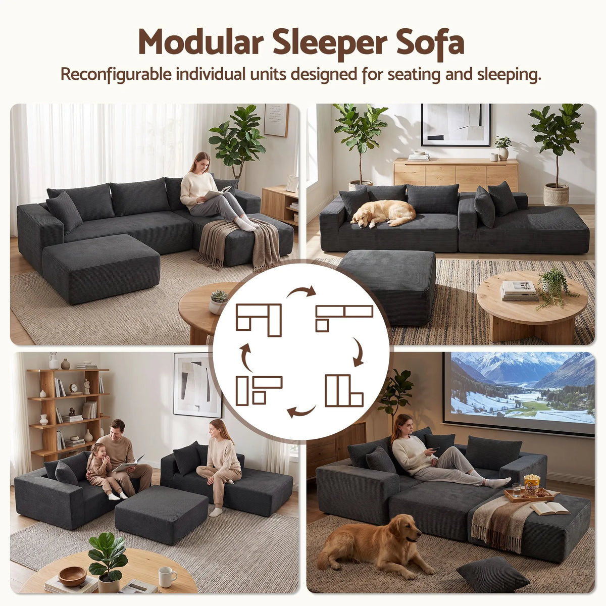 Artiss Modular Sectional Sofa Bed U-Shape 4-Seater Couch Chaise Ottoman Corduroy - Image 3