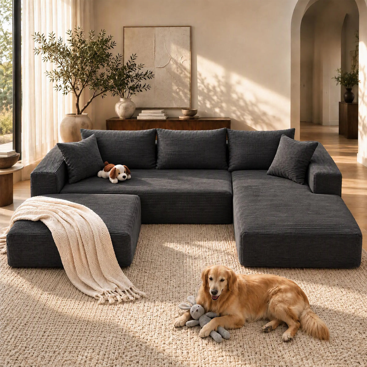 Artiss Modular Sectional Sofa Bed U-Shape 4-Seater Couch Chaise Ottoman Corduroy - Image 6