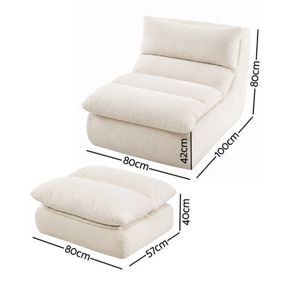 Artiss Lounge Chair Ottoman Single Sofa Couch Boneless Corduroy Chaise Footrest - Image 2