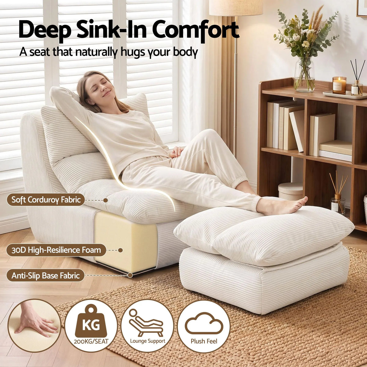 Artiss Lounge Chair Ottoman Single Sofa Couch Boneless Corduroy Chaise Footrest - Image 4