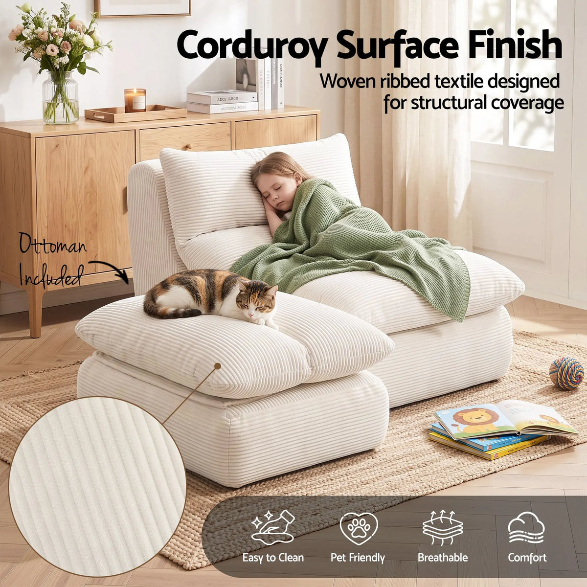 Artiss Lounge Chair Ottoman Single Sofa Couch Boneless Corduroy Chaise Footrest - Image 5