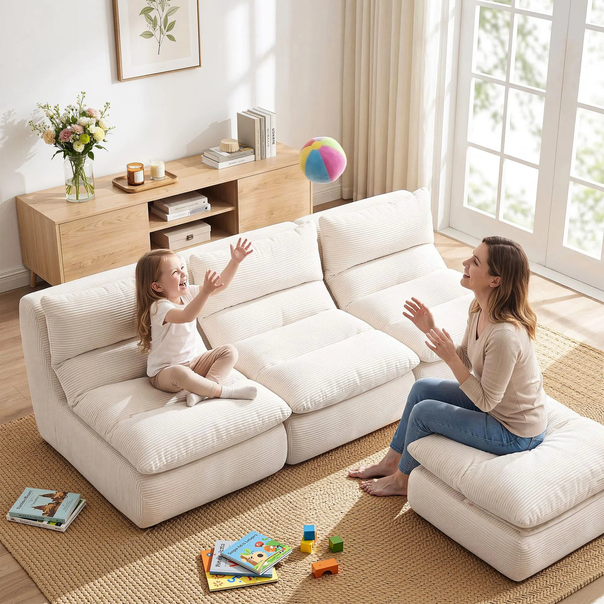 Artiss Lounge Chair Ottoman Single Sofa Couch Boneless Corduroy Chaise Footrest - Image 6