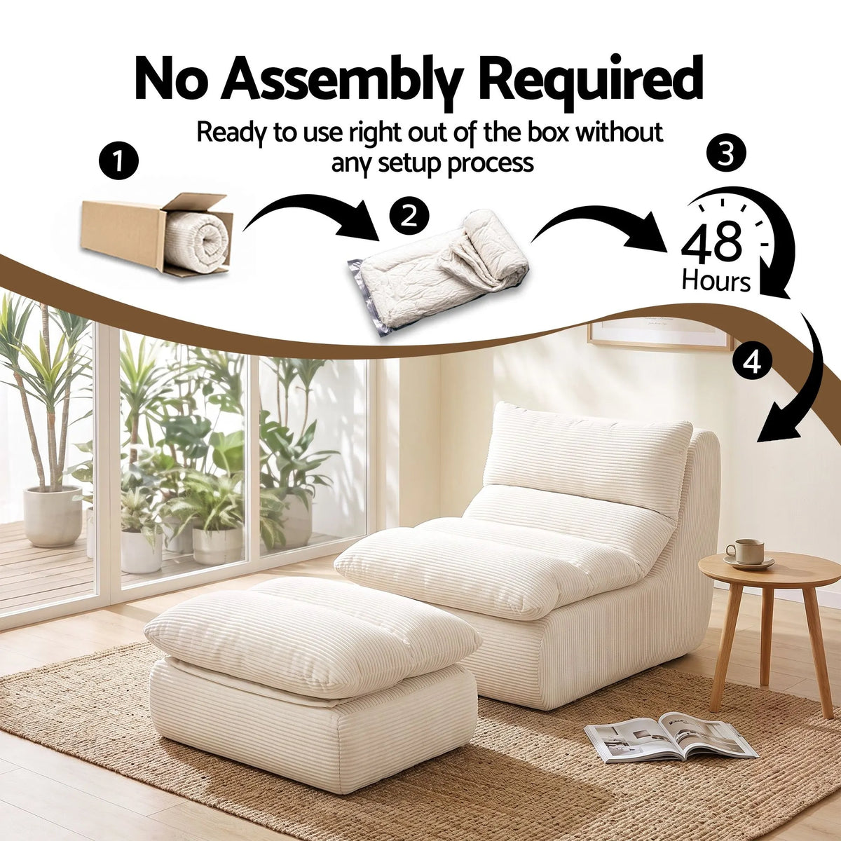 Artiss Lounge Chair Ottoman Single Sofa Couch Boneless Corduroy Chaise Footrest - Image 7