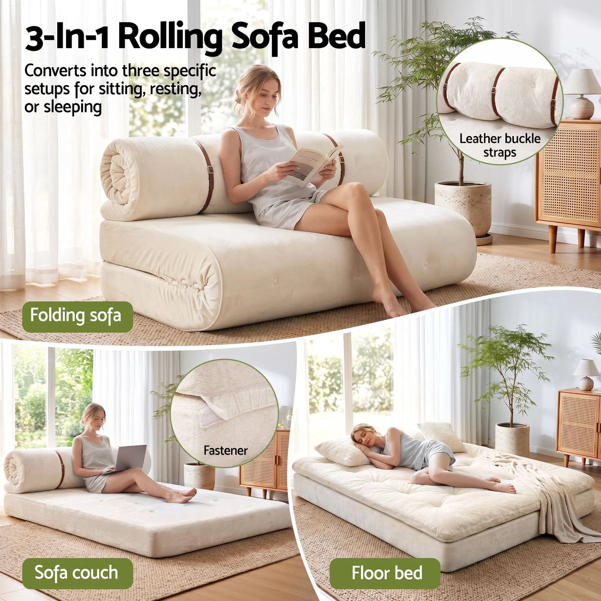 Artiss Convertible Sofa Bed Roll-Up Sleeper Chair Fold Out Couch Floor Lounge - Image 3