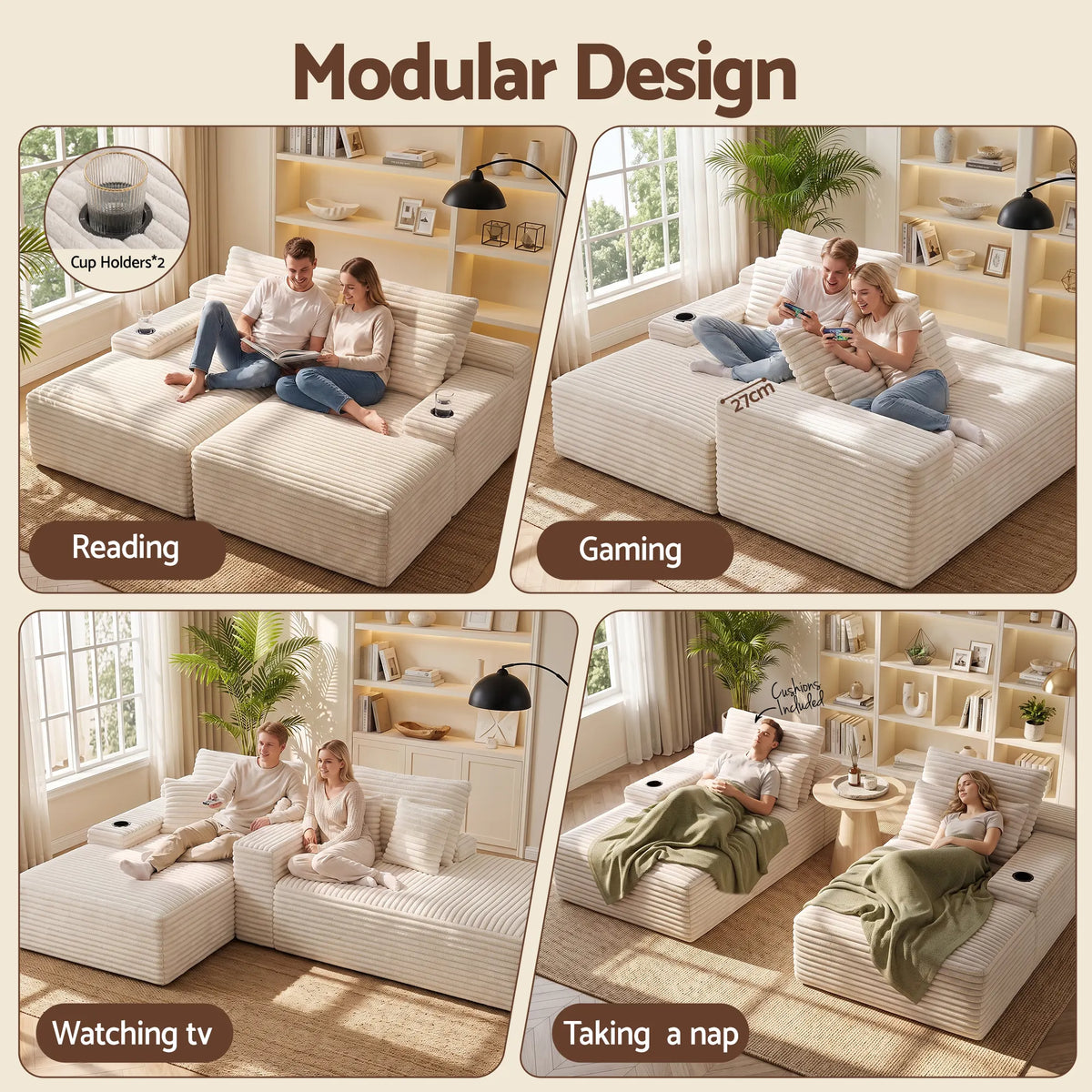 Artiss Double Chaise Lounge Sofa 2-Seater Modular Sofa Lounge Chair Couch Beige - Image 2