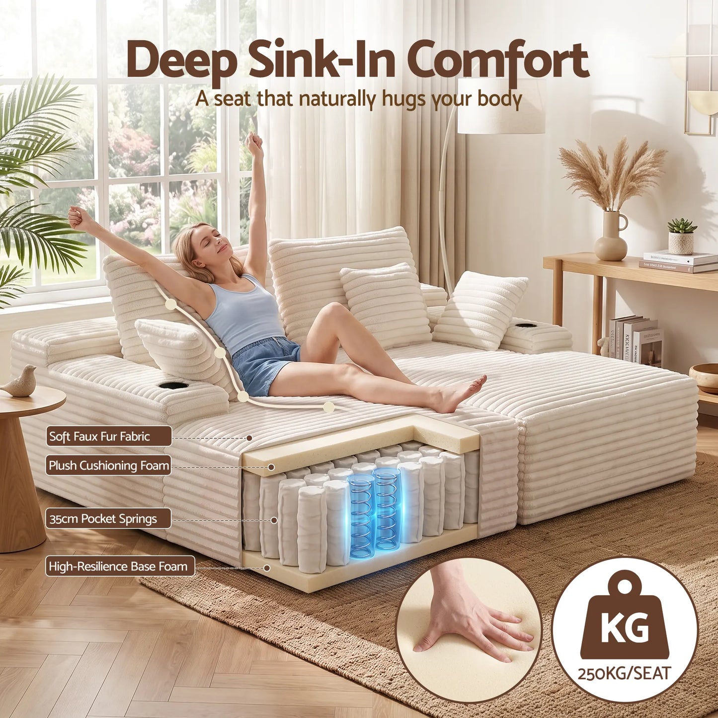 Artiss Double Chaise Lounge Sofa 2-Seater Modular Sofa Lounge Chair Couch Beige - Image 3