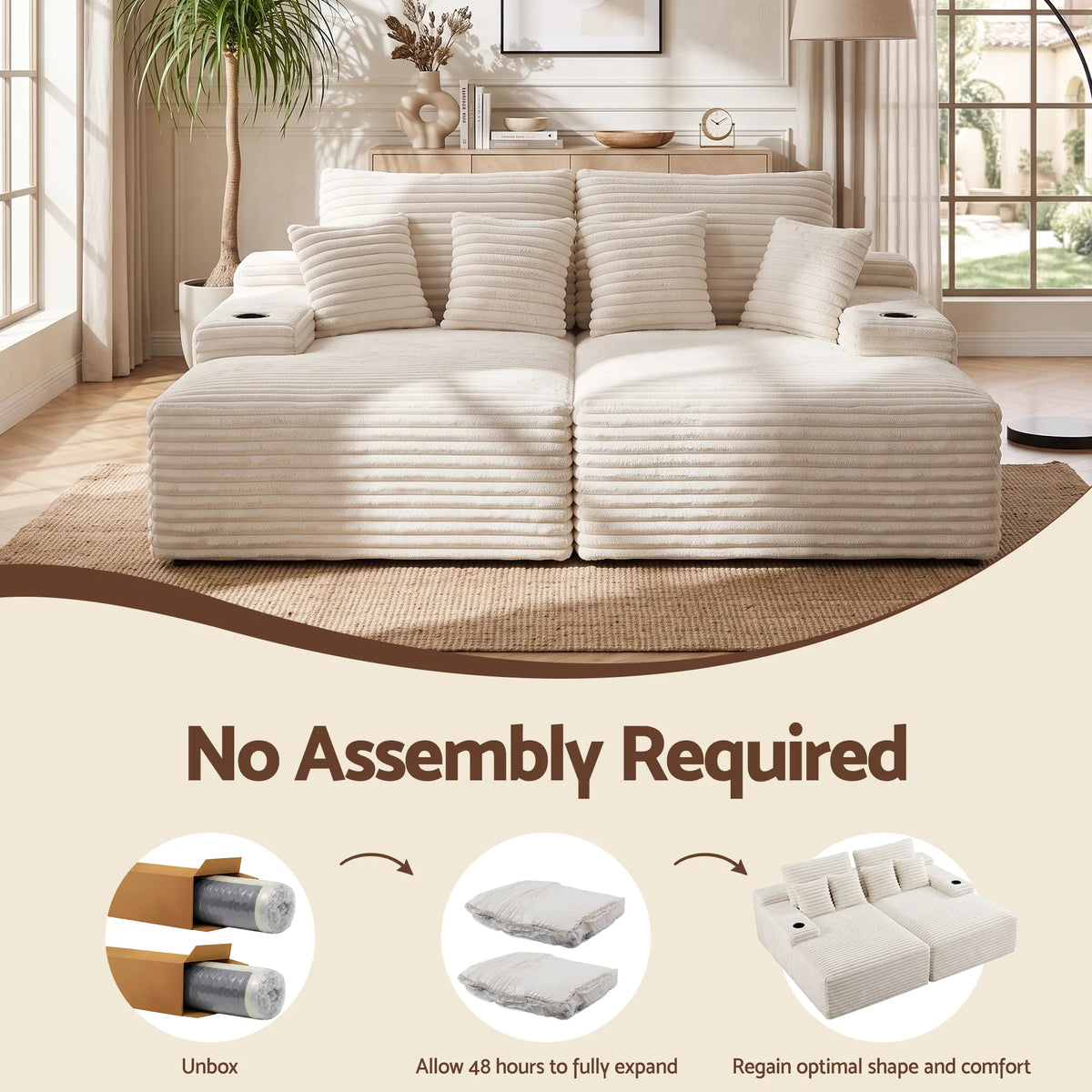 Artiss Double Chaise Lounge Sofa 2-Seater Modular Sofa Lounge Chair Couch Beige - Image 6