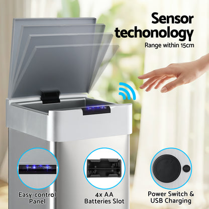 Devanti 50L Motion Sensor Bin Rubbish Bins Kitchen Automatic Trash Can Silver - Image 4