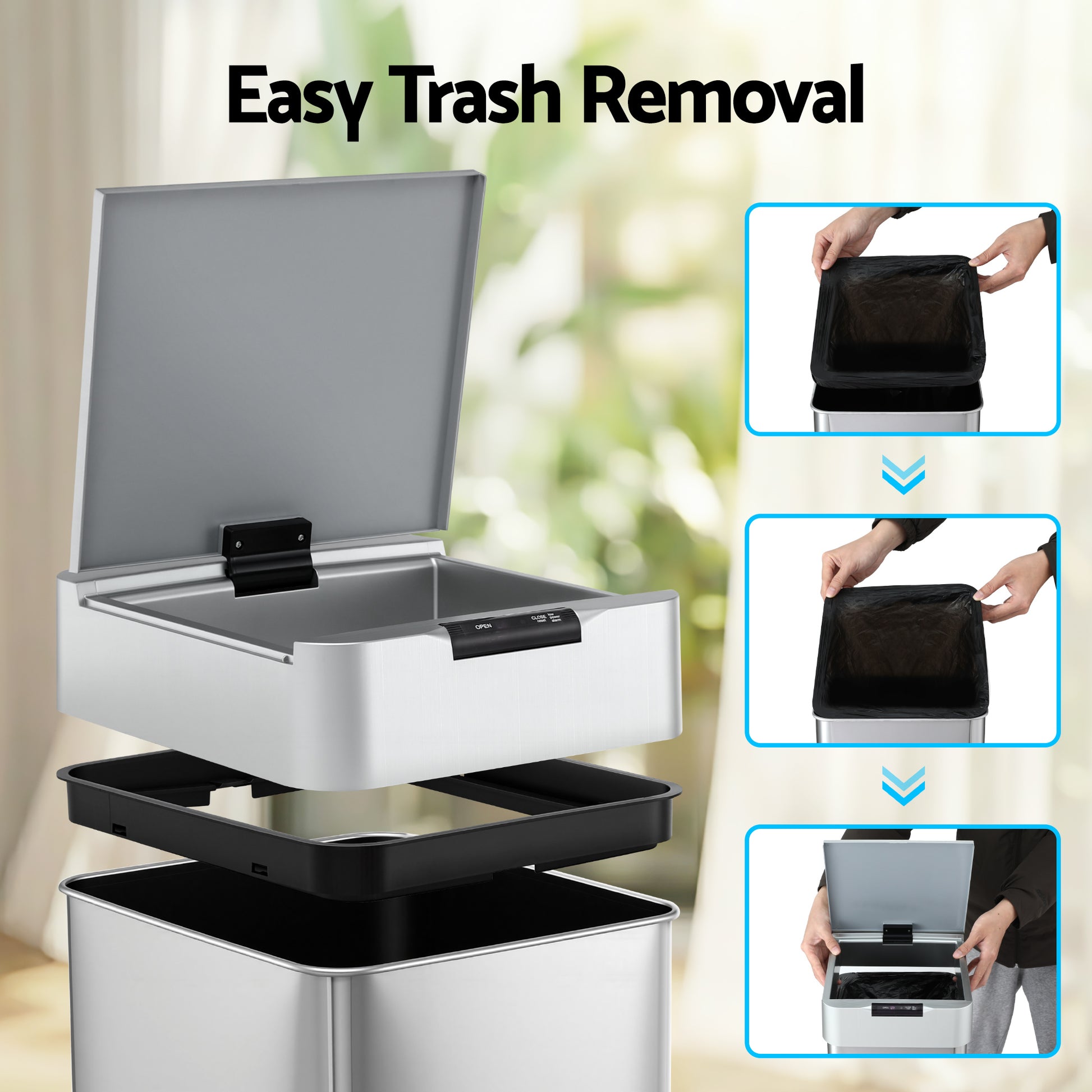Devanti 50L Motion Sensor Bin Rubbish Bins Kitchen Automatic Trash Can Silver - Image 5