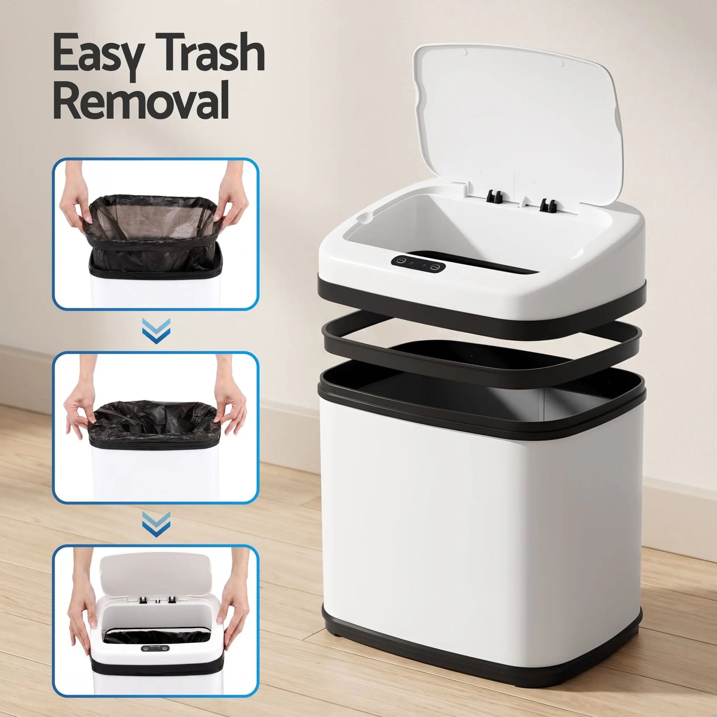 Devanti 15L Motion Sensor Bin Touchless Bins Soft-Close Rubbish Trash Can White - Image 6