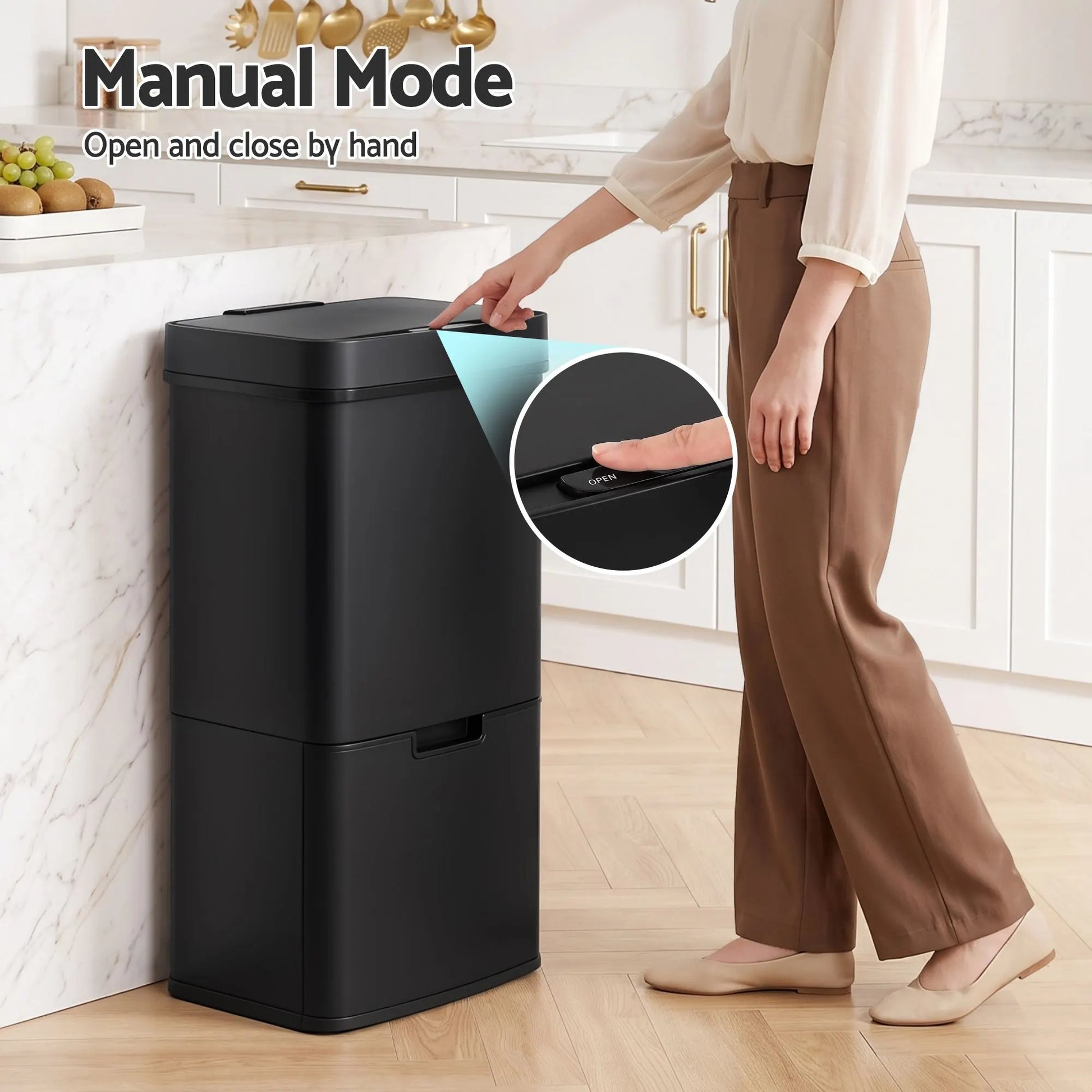 Devanti 72L Sensor Bin Rubbish Bins 4-in-1 Compartment Stainless Steel Trash Can Black - Image 5