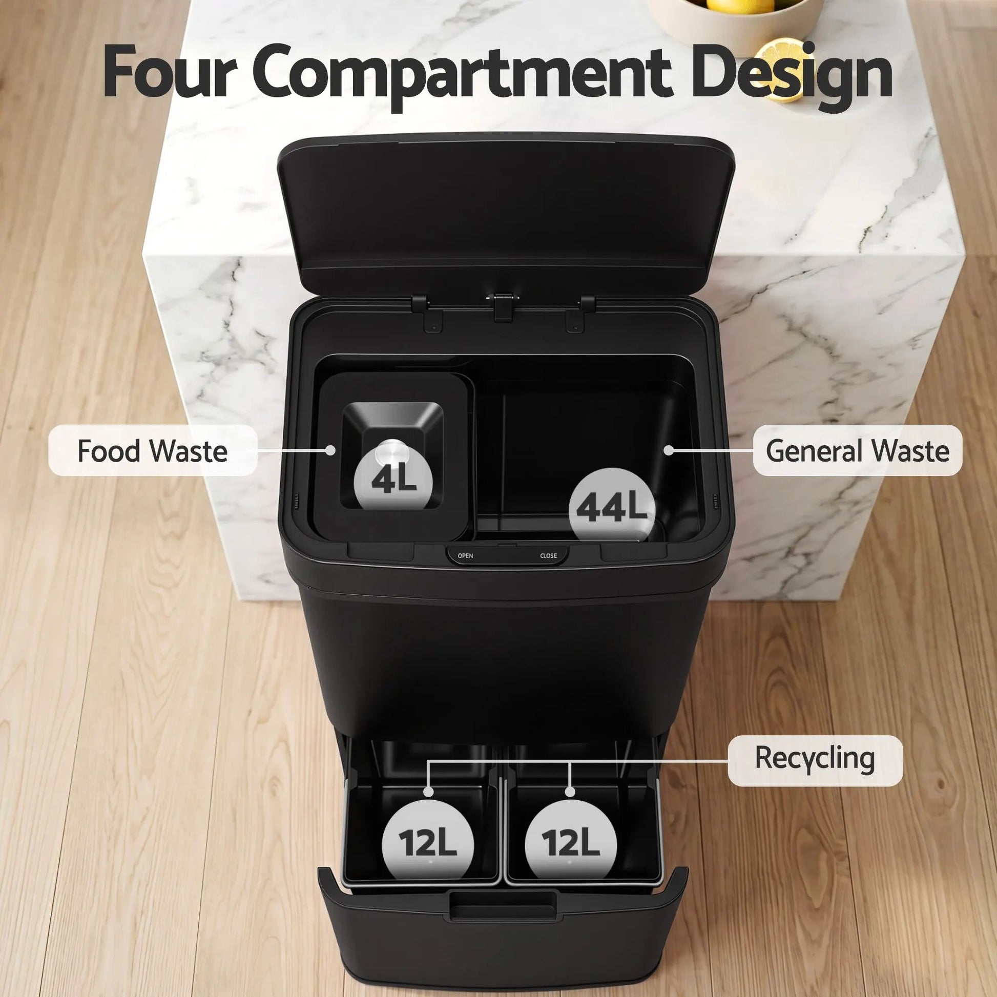 Devanti 72L Sensor Bin Rubbish Bins 4-in-1 Compartment Stainless Steel Trash Can Black - Image 6