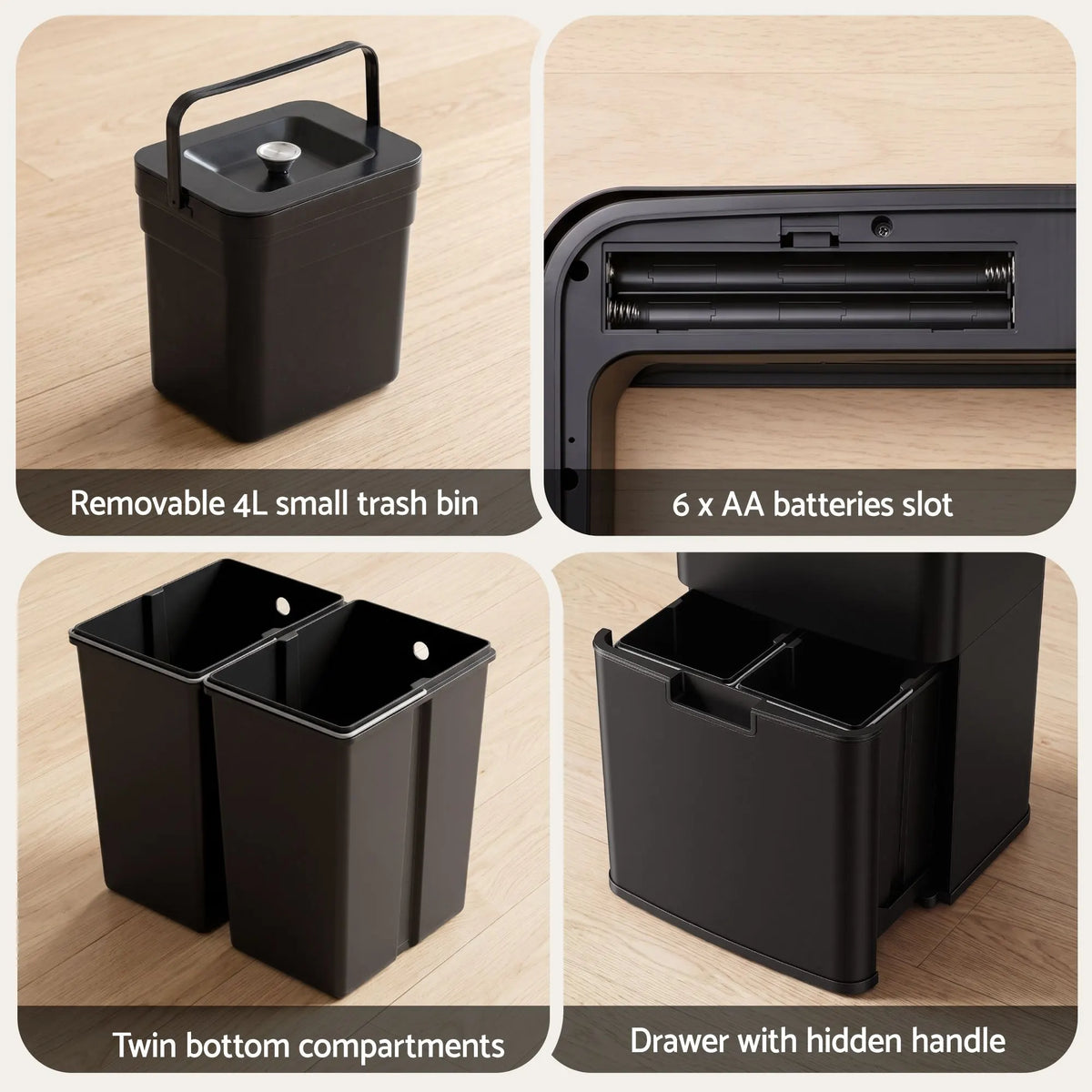 Devanti 72L Sensor Bin Rubbish Bins 4-in-1 Compartment Stainless Steel Trash Can Black - Image 8