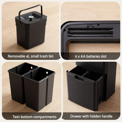 Devanti 72L Sensor Bin Rubbish Bins 4-in-1 Compartment Stainless Steel Trash Can Black - Image 8