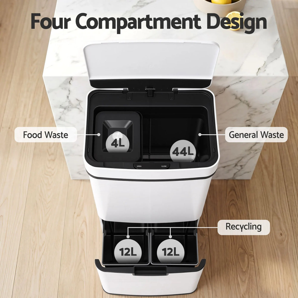 Devanti 72L Sensor Bin Rubbish Bins 4-in-1 Compartment Stainless Steel Trash Can White - Image 6