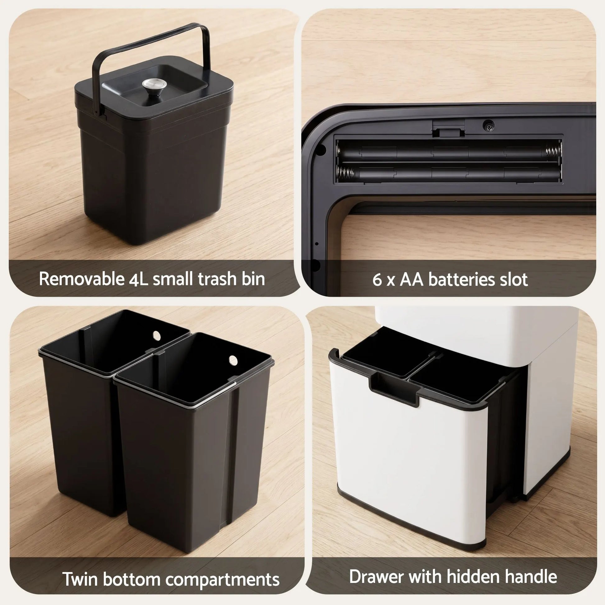 Devanti 72L Sensor Bin Rubbish Bins 4-in-1 Compartment Stainless Steel Trash Can White - Image 8