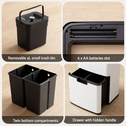 Devanti 72L Sensor Bin Rubbish Bins 4-in-1 Compartment Stainless Steel Trash Can White - Image 8