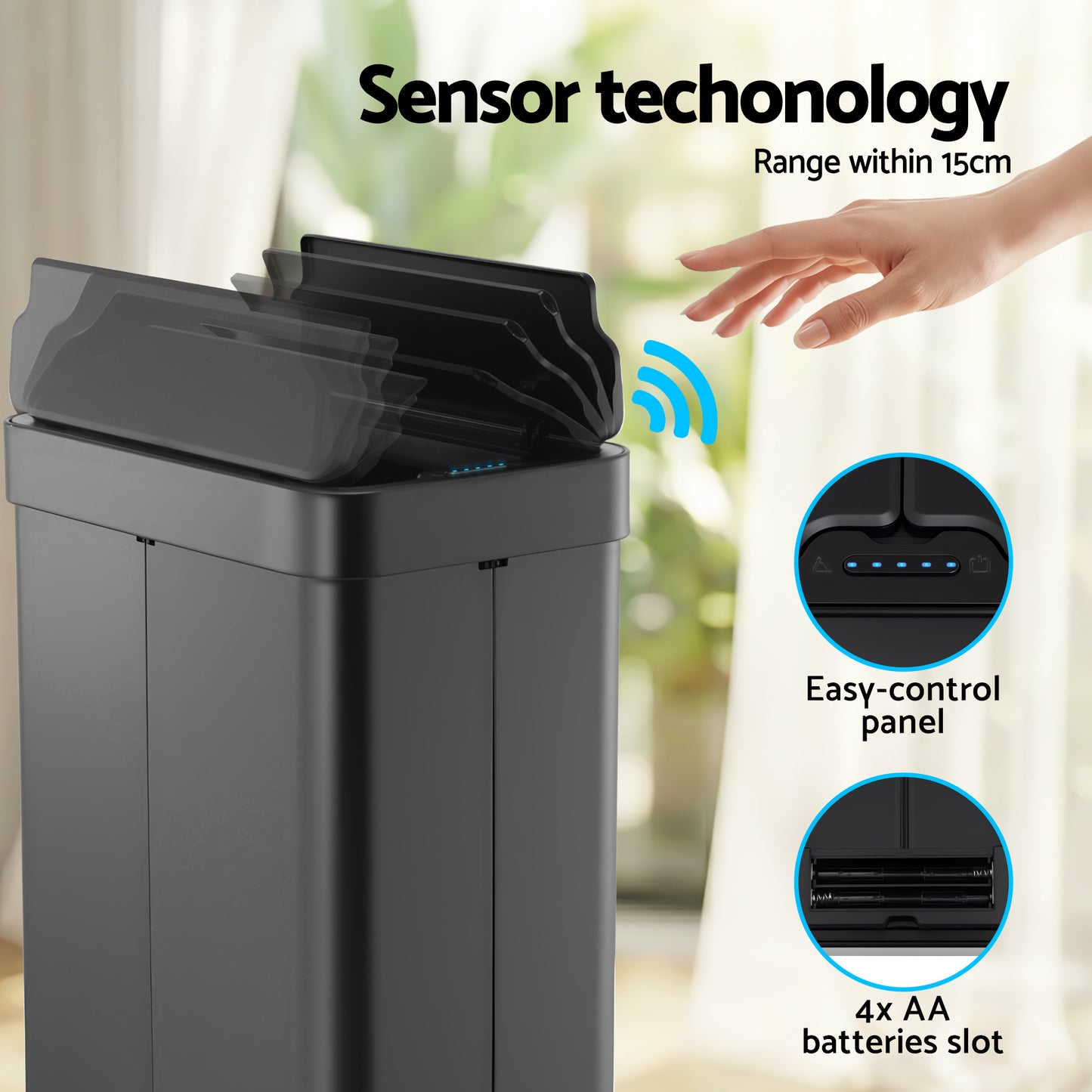 Devanti Rubbish Bin 70L Automatic Sensor Kitchen Bin, Slim Smart Garbage Can Touchless Rectangular with Liner Holder, Fully Closed Lid for Bedroom, Bathroom, Living Room, Black - Image 4