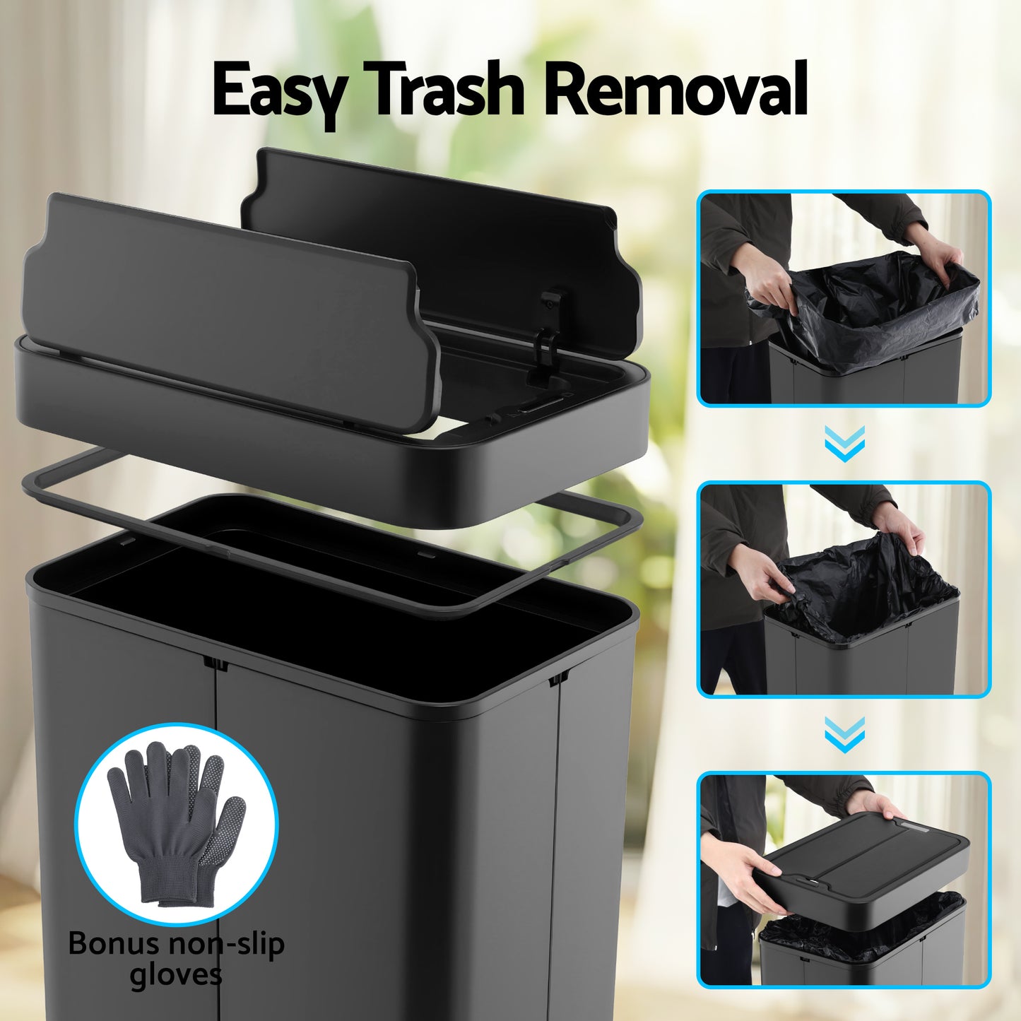 Devanti Rubbish Bin 70L Automatic Sensor Kitchen Bin, Slim Smart Garbage Can Touchless Rectangular with Liner Holder, Fully Closed Lid for Bedroom, Bathroom, Living Room, Black - Image 5