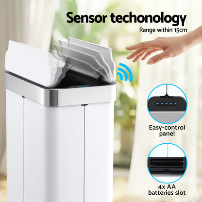 Devanti Rubbish Bin 70L Automatic Sensor Kitchen Bin, Slim Smart Garbage Can Touchless Rectangular with Liner Holder, Fully Closed Lid for Bedroom, Bathroom, Living Room, White - Image 4