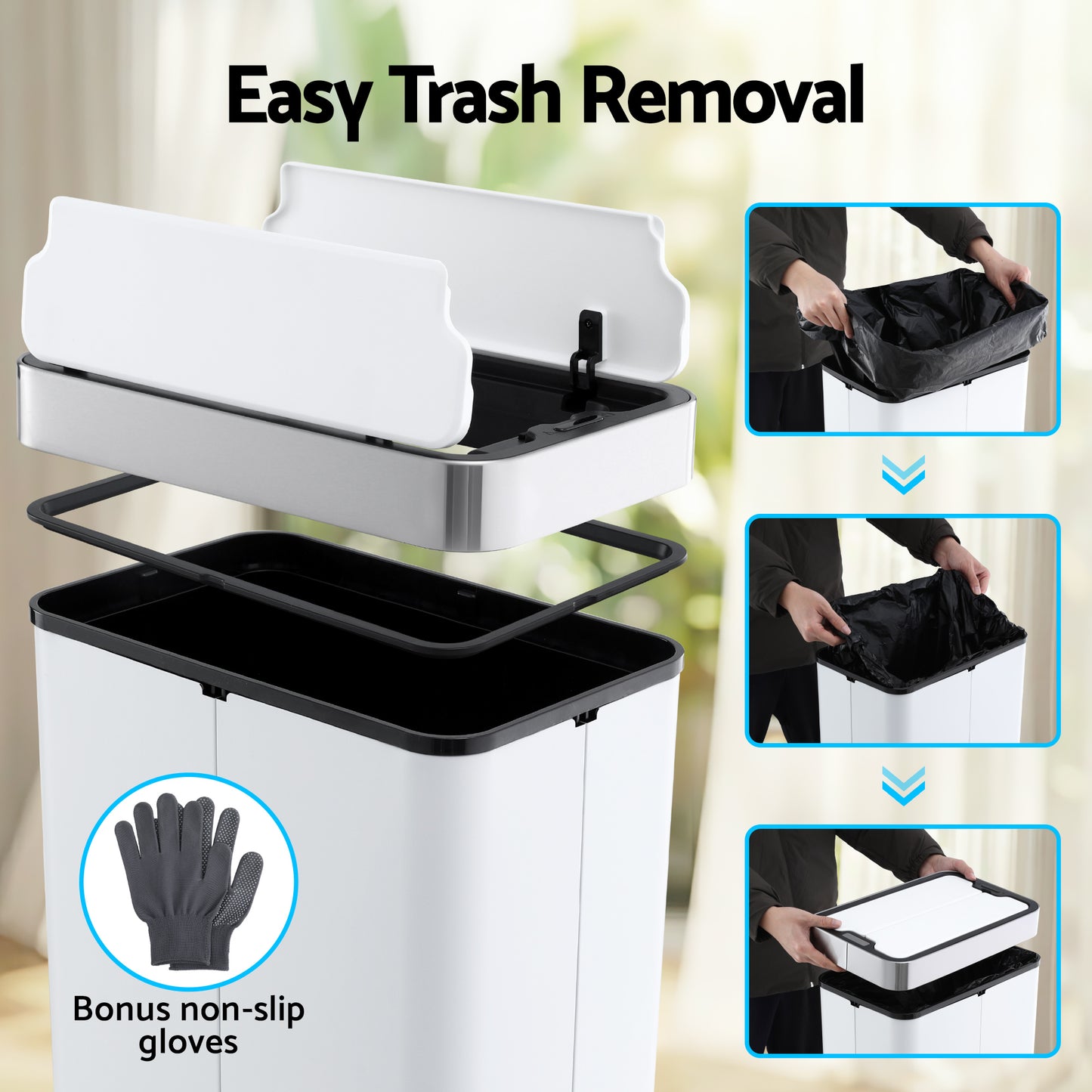 Devanti Rubbish Bin 70L Automatic Sensor Kitchen Bin, Slim Smart Garbage Can Touchless Rectangular with Liner Holder, Fully Closed Lid for Bedroom, Bathroom, Living Room, White - Image 5