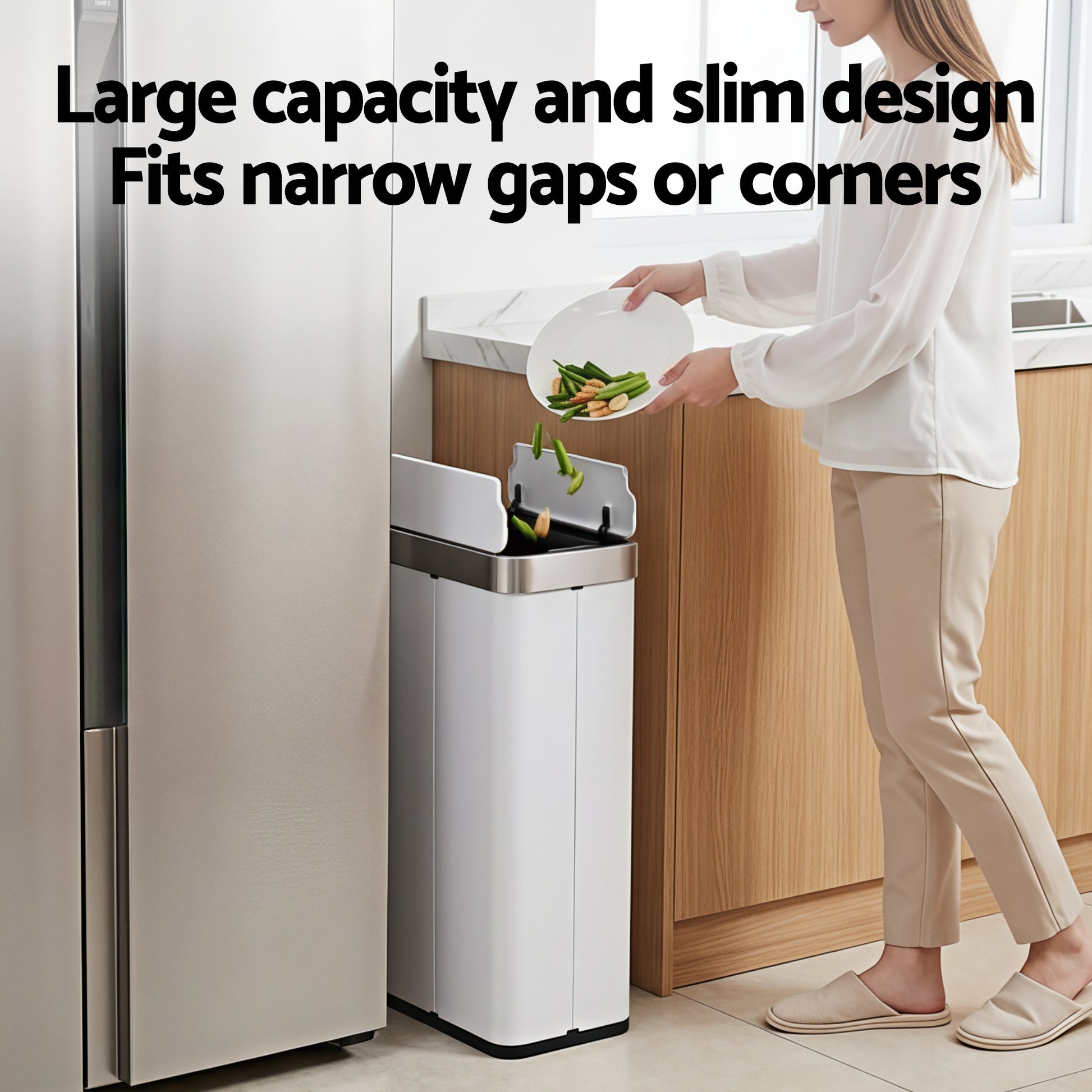Devanti Rubbish Bin 70L Automatic Sensor Kitchen Bin, Slim Smart Garbage Can Touchless Rectangular with Liner Holder, Fully Closed Lid for Bedroom, Bathroom, Living Room, White - Image 6