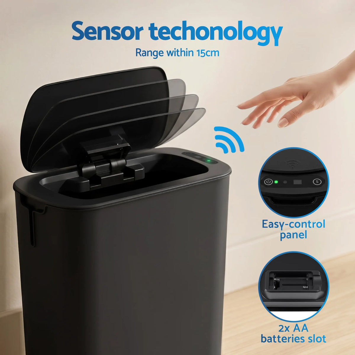 Devanti Automatic Trash Bin with Lid 11L Motion Sensor Kitchen Bin Touchless Garbage Can Modern Black Plastic Slim Rubbish Bin with Liner Holder for Kitchen, Home, Office - Image 5