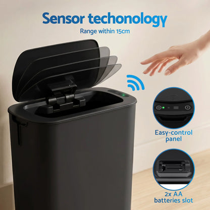 Devanti Automatic Trash Bin with Lid 11L Motion Sensor Kitchen Bin Touchless Garbage Can Modern Black Plastic Slim Rubbish Bin with Liner Holder for Kitchen, Home, Office - Image 5