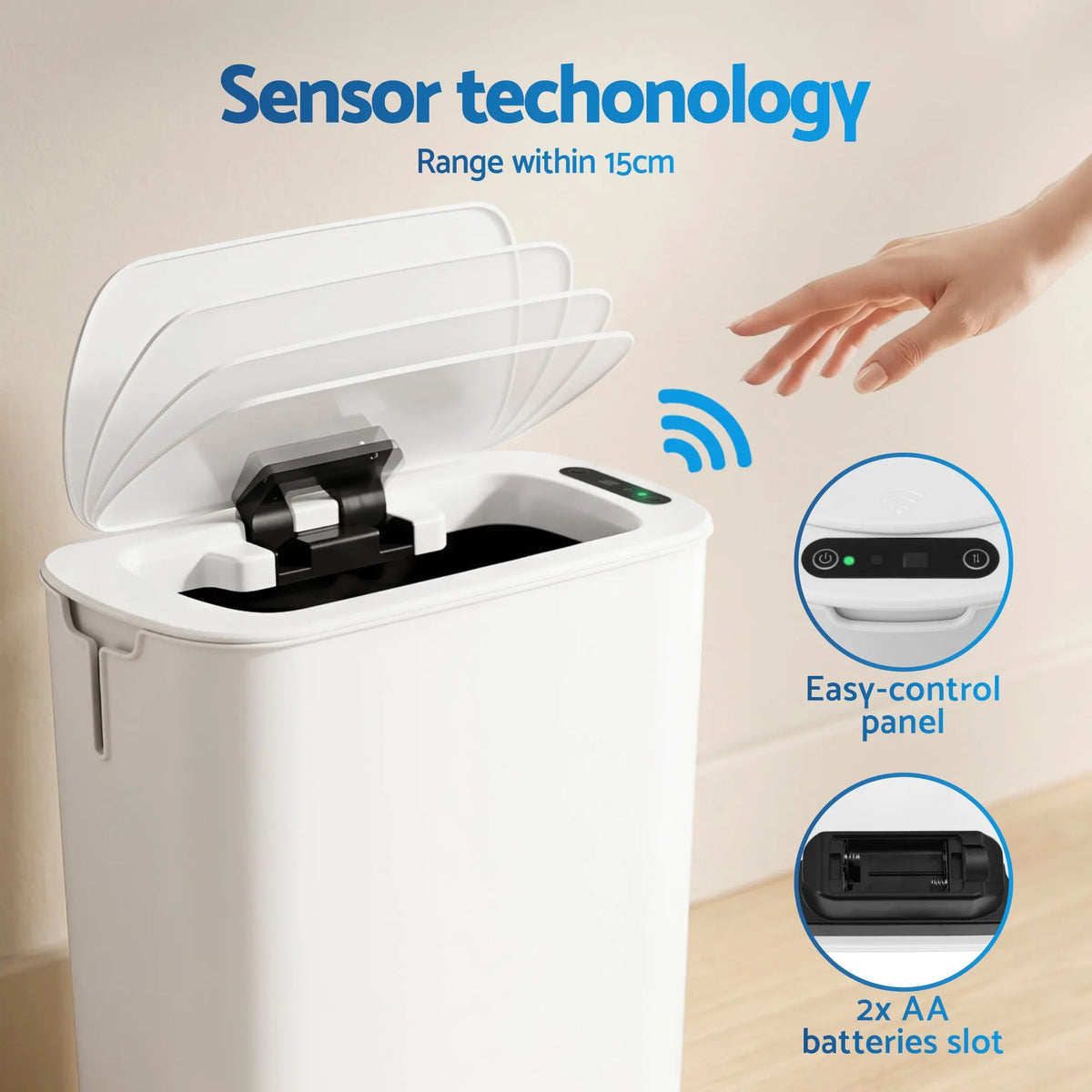 Devanti Automatic Trash Bin with Lid 11L Motion Sensor Kitchen Bin Touchless Garbage Can Modern White Plastic Slim Rubbish Bin with Liner Holder for Kitchen, Home, Office - Image 5