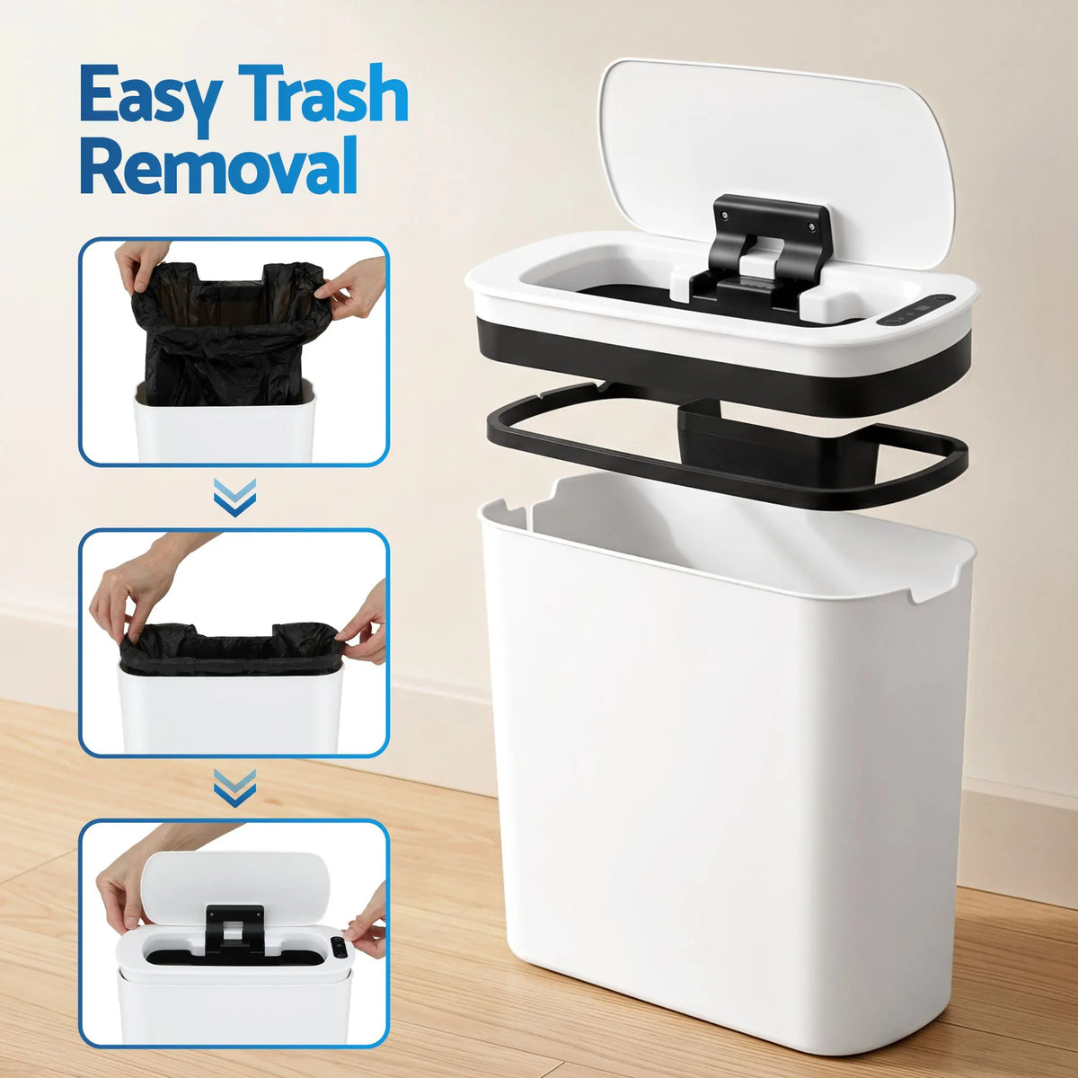 Devanti Automatic Trash Bin with Lid 11L Motion Sensor Kitchen Bin Touchless Garbage Can Modern White Plastic Slim Rubbish Bin with Liner Holder for Kitchen, Home, Office - Image 6
