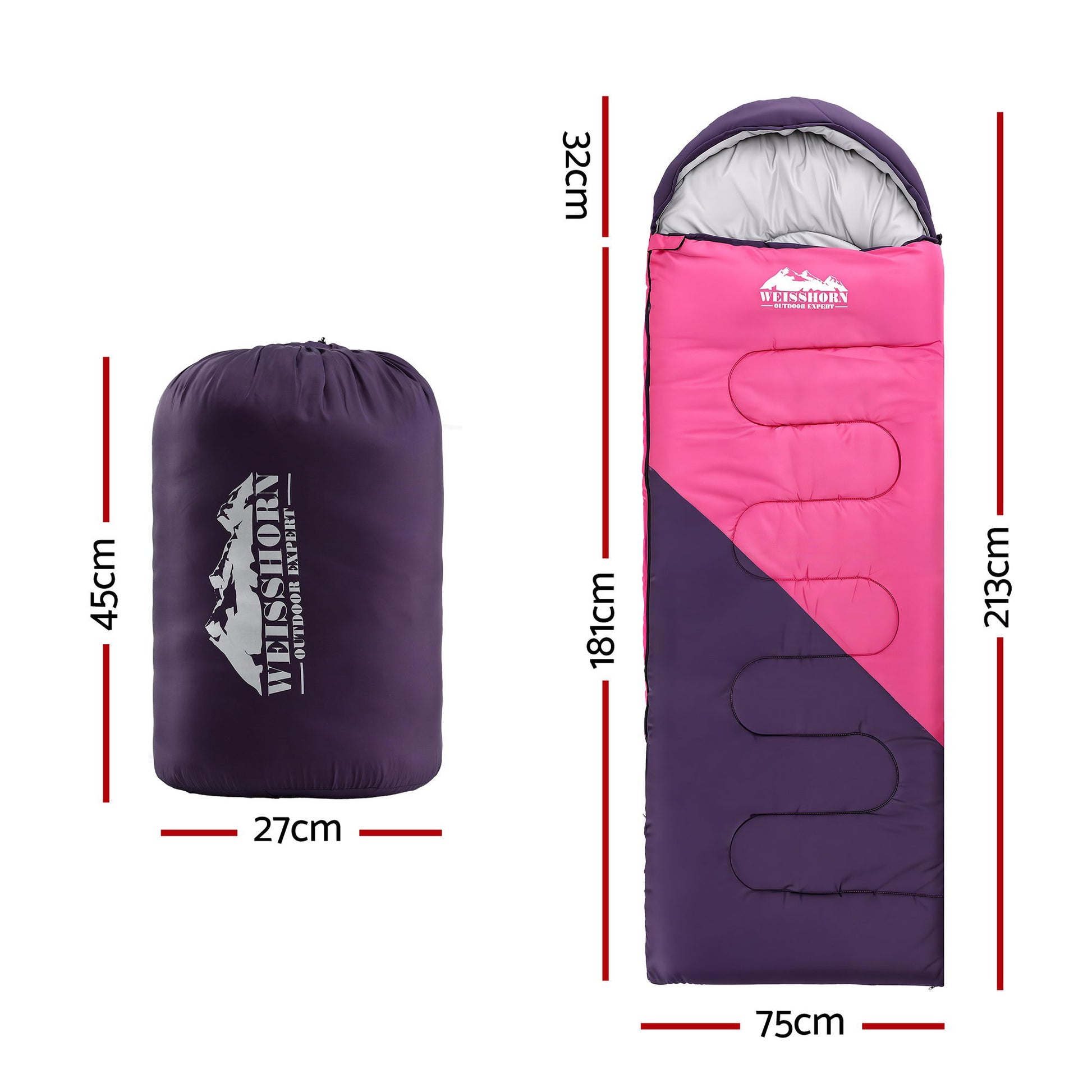 Weisshorn Sleeping Bag Single 213cm Thermal Camping Hiking Pink - Image 2