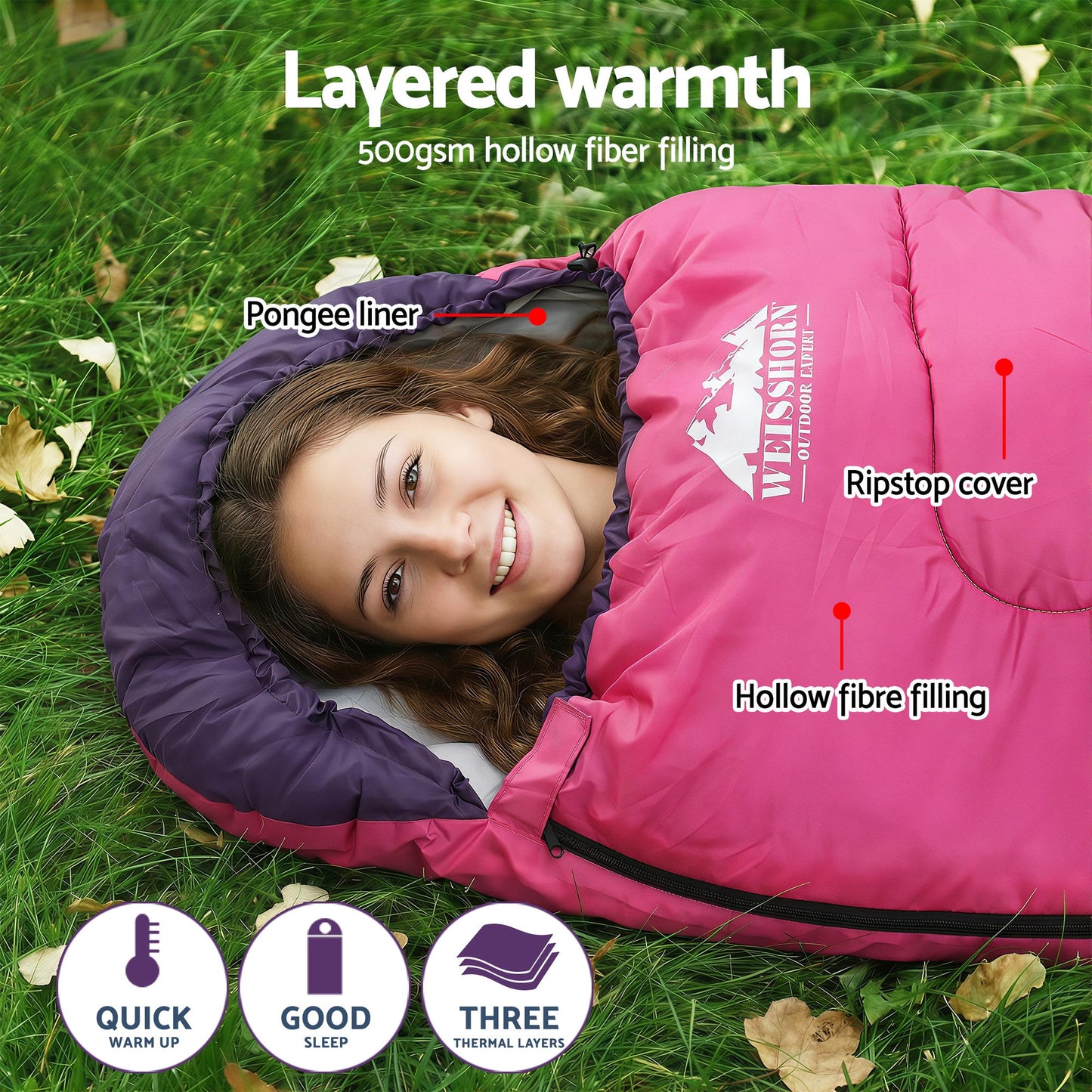 Weisshorn Sleeping Bag Single 213cm Thermal Camping Hiking Pink - Image 5