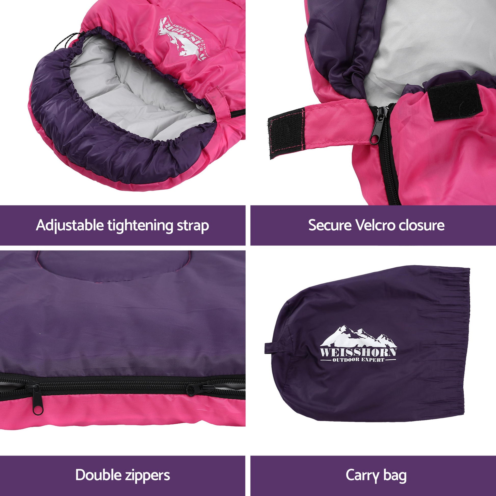 Weisshorn Sleeping Bag Single 213cm Thermal Camping Hiking Pink - Image 9