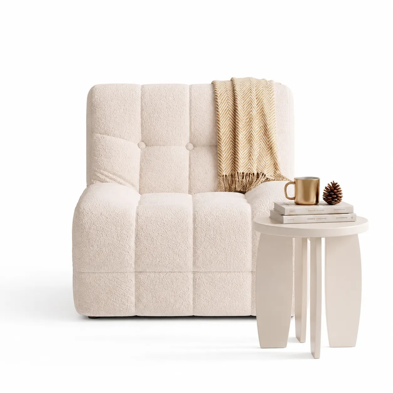 Artiss Single Boneless Sofa & Round End Table Set White - Image 3