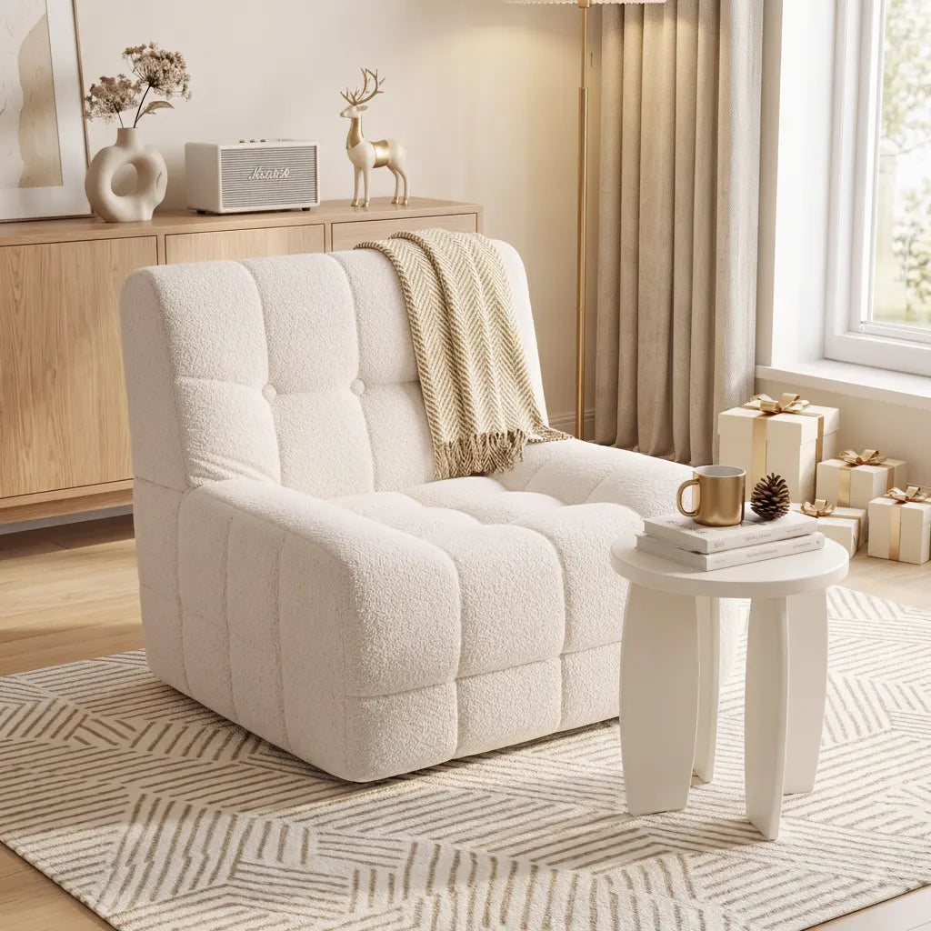 Artiss Single Boneless Sofa & Round End Table Set White - Image 9