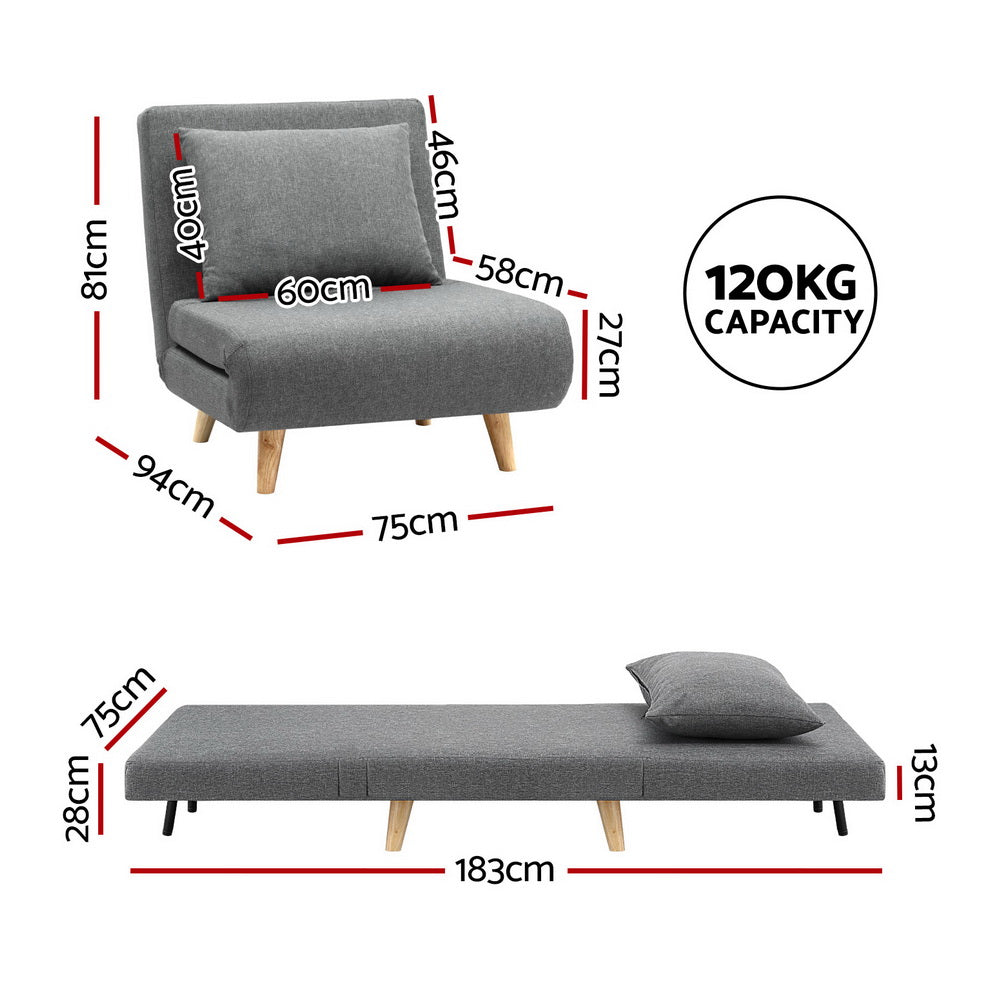 Artiss Sofa Bed Convertible Couch Recliner Lounge Chair Linen Grey - Image 2
