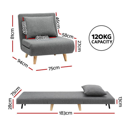 Artiss Sofa Bed Convertible Couch Recliner Lounge Chair Linen Grey - Image 2